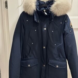Moose Knuckles Navy Blue Parka with Fur-Trim Hood